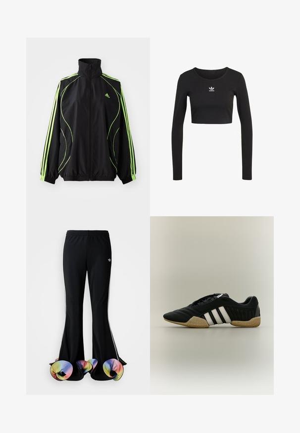 adidas Originals TEAMGEIST ADICOLOR - Ľahká bunda - black/signal green; Čierny dlhý rukáv crop top vyrobený z rebrovanej tkaniny s okrúhlym výstrihom; na hrudi je umiestnené biele logo Adidas.; Čierne športové nohavice s širokým rozšíreným strihom. Majú farebné, volánkové spodné okraje a biele bočné pruhy. Vyrobené z elastického materiálu.; Čierna športová obuv s bielymi pruhmi a béžovou textúrovanou podrážkou na neutrálom pozadí, zobrazená zo strany.