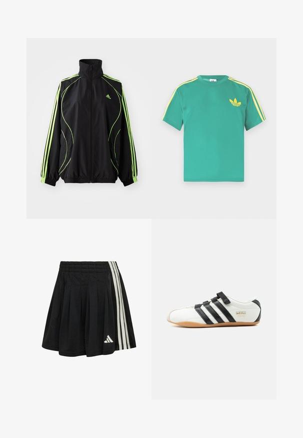 adidas Originals TEAMGEIST ADICOLOR - Chaqueta de entretiempo - black/signal green; Camiseta de algodón verde con mangas cortas, con rayas amarillas a lo largo de los hombros y un logo bordado de tres hojas en el pecho.; Falda deportiva negra plisada con rayas blancas laterales y cintura elástica, con un pequeño logo triangular blanco cerca del dobladillo.; Zapatilla Adidas Tokyo blanca con rayas negras, correas de velcro negras y suela de goma, vista de lado sobre fondo blanco.