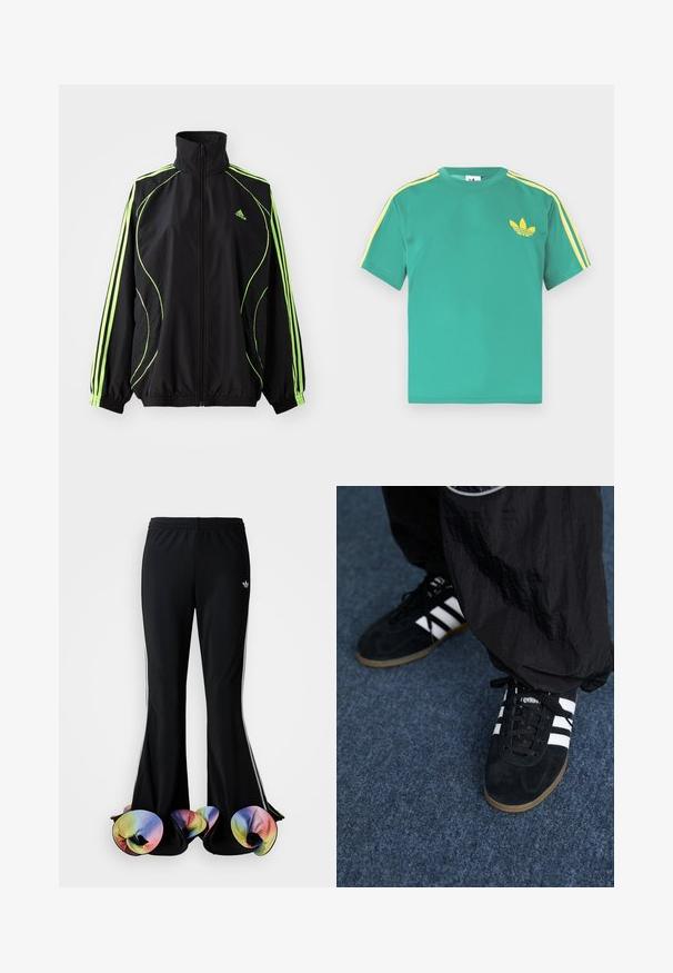 adidas Originals TEAMGEIST ADICOLOR - Jas - black/signal green; Groen katoenen T-shirt met korte mouwen, met gele strepen langs de schouders en een geborduurd logo van drie bladeren op de borst.; Zwarte sportbroek met een brede, uitlopende snit. Voorzien van kleurrijke, gerimpelde onderranden en witte zijstrepen. Gemaakt van rekbaar materiaal.; Zwarte suède sportschoenen met drie witte strepen en zwarte veters. Een gestructureerde zwarte broek is deels zichtbaar naast de schoenen.