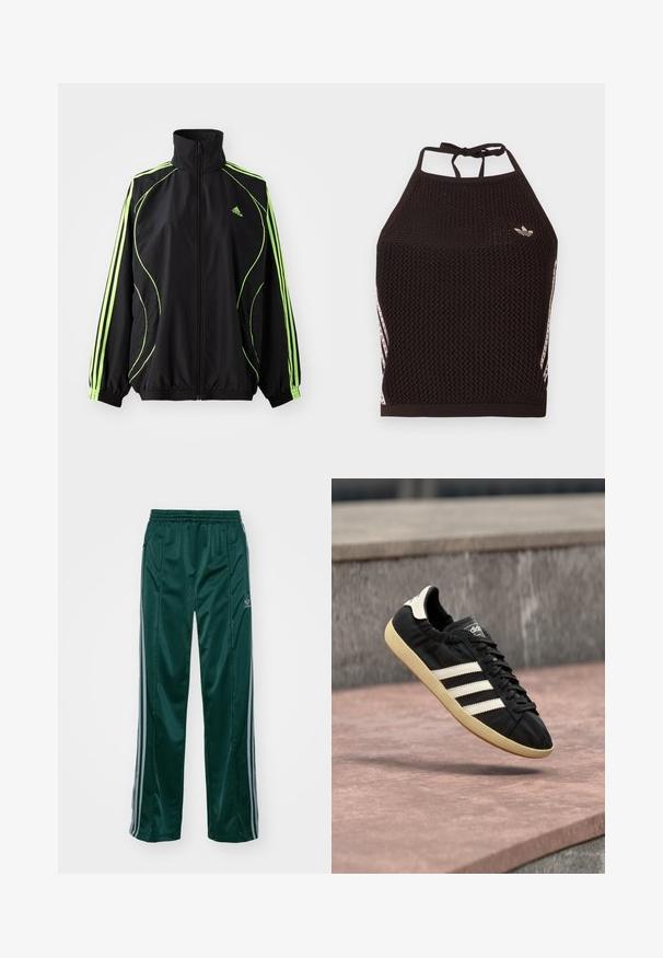 adidas Originals TEAMGEIST ADICOLOR - Jas - black/signal green; Zwarte mesh halter crop top met een textuurpatroon. Voorzien van roze accentstrepen en een klein logo aan de voorkant. Sluiting met strik aan de achterkant.; Donkergroene sportbroeken van glanzend materiaal, met zijstrepens in lichtgrijs en een geborduurd logo op het linkerbeen.; Zwarte Adidas sneaker met witte strepen en beige zool, vastgelegd in de lucht boven een stenen oppervlak en een stenen muur op de achtergrond.