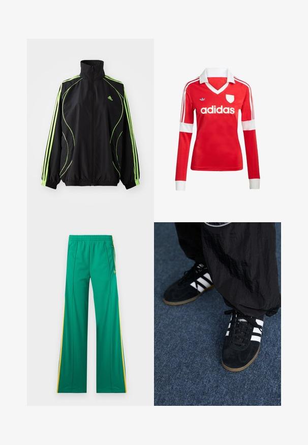 adidas Originals TEAMGEIST ADICOLOR - Ľahká bunda - black/signal green; Červený futbalový dres s dlhým rukávom a bielym golierom a manžetami. Na ramenách sú tri biele pruhy a výrazne zobrazené logo "adidas".; Zelené tepláky s žltými bočnými pruhmi, elastickým pásom a vreckami so zipsom, zobrazené na bielom pozadí.; Čierne roháčiky z semišu so tromi bielymi pruhmi a čiernymi šnúrkami. Texturované čierne nohavice sú čiastočne viditeľné vedľa topánok.