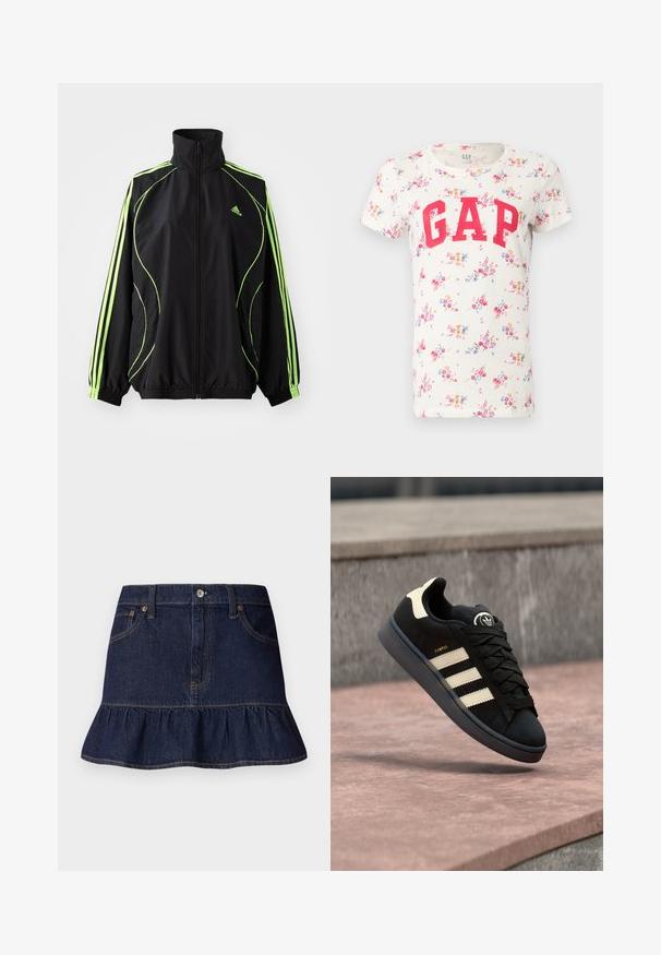 adidas Originals TEAMGEIST ADICOLOR - Übergangsjacke - black/signal green; Weißes Kurzarm-T-Shirt mit buntem Blumenmuster und großem roten "GAP"-Schriftzug auf der Brust.; Dunkelblaue Denim-Rock mit Rüschensaum, Fünf-Taschen-Design, Gürtelschlaufen und einer vorderen Knopfleiste. Glatte Textur und gerader Schnitt.; Schwarzer Wildledersneaker mit drei beigen Streifen, rundem Logo auf der Zunge, flachen Schnürsenkeln und einer gepolsterten Sohle mit der Aufschrift "CAMPUS".
