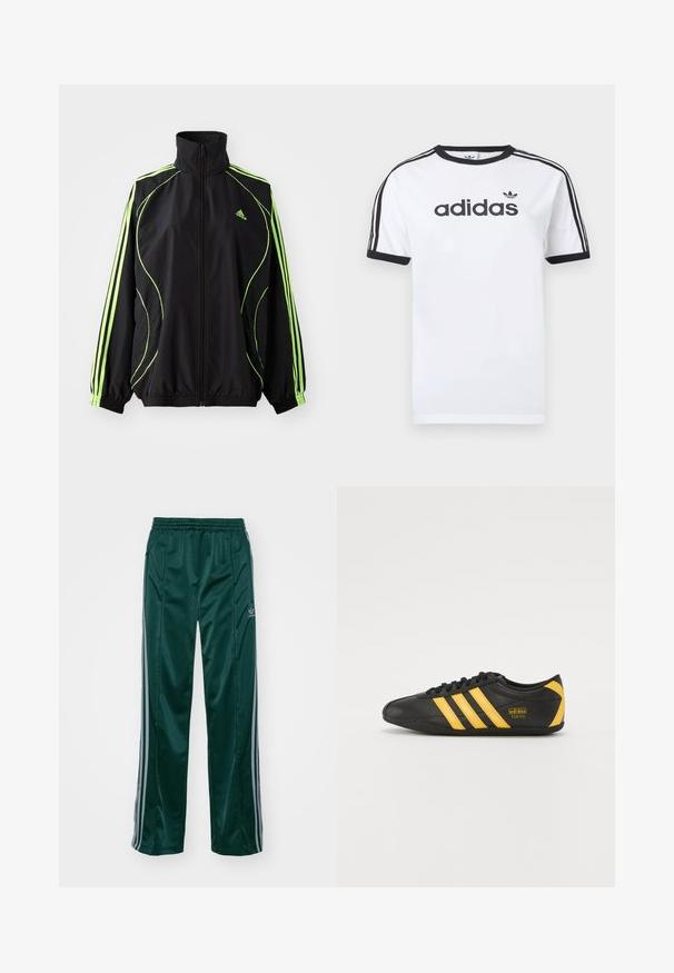 adidas Originals TEAMGEIST ADICOLOR - Chaqueta de entretiempo - black/signal green; Camiseta blanca de algodón con detalles en negro, presenta un cuello redondo, mangas cortas, tres rayas negras en los hombros y el logo "adidas" en negro.; Pantalones deportivos de color verde oscuro, hechos de un material brillante, con franjas laterales en gris claro y un logotipo bordado en la pierna izquierda.; Zapatilla deportiva de cuero negro con diseño de tres rayas amarillas, punta redonda, cordones negros y pequeño logo en el lateral. Silueta de perfil bajo.
