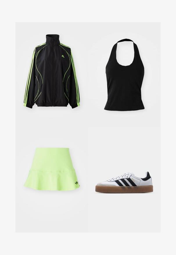 adidas Originals TEAMGEIST ADICOLOR - Ľahká bunda - black/signal green; Čierny top na viazanie za krk vyrobený z jemnej tkaniny, s výstrihom vo forme lulky a priliehavým strihom, hladkej textúry a bez viditeľných vzorov.; adidas Originals SKIRT - Minisukňa - signal green; Biele kožené tenisky s čiernymi pruhmi, gumová podrážka, okrúhla špička, šnurovanie a mäkký sivý semišový špička.
