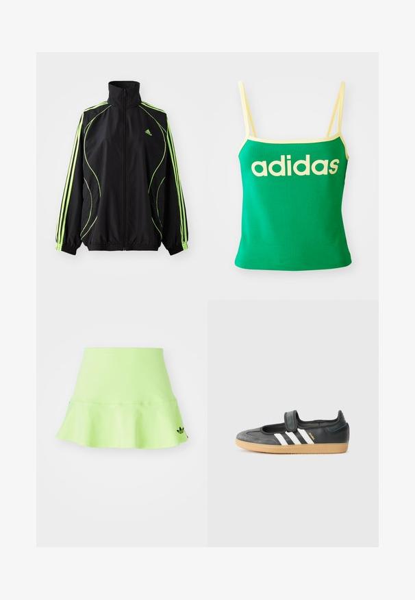 adidas Originals TEAMGEIST ADICOLOR - Chaqueta de entretiempo - black/signal green; Top verde con detalles amarillos, hecho de material elástico. Presenta un gran logo de "adidas" amarillo en el frente y tirantes delgados.; adidas Originals SKIRT - Minifalda - signal green; Zapatilla de deporte de cuero negro y ante con una correa de Velcro, que presenta tres rayas blancas y una suela de goma, etiquetada "SAMBA" en el lateral.