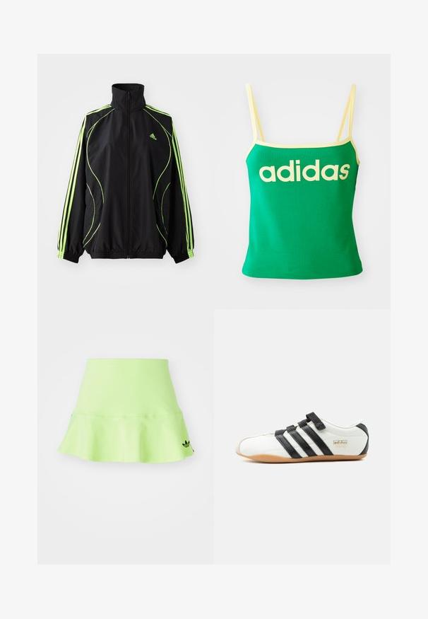 adidas Originals TEAMGEIST ADICOLOR - Chaqueta de entretiempo - black/signal green; Top verde con detalles amarillos, hecho de material elástico. Presenta un gran logo de "adidas" amarillo en el frente y tirantes delgados.; adidas Originals SKIRT - Minifalda - signal green; Zapatilla Adidas Tokyo blanca con rayas negras, correas de velcro negras y suela de goma, vista de lado sobre fondo blanco.