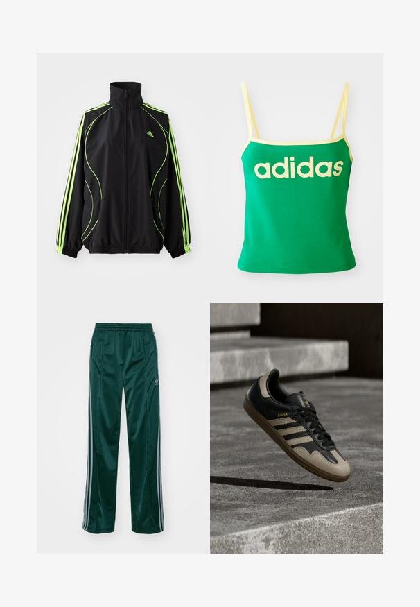 adidas Originals TEAMGEIST ADICOLOR - Veste mi-saison - black/signal green; Débardeur vert avec des accents jaunes, fabriqué dans un matériau extensible. Présente un grand logo "adidas" jaune sur le devant et des bretelles fines.; Pantalons de sport vert foncé en matériau brillant, avec des bandes latérales gris clair et un logo brodé sur la jambe gauche.; Baskets en cuir noir et beige avec trois bandes blanches, semelle en caoutchouc beige et détail en or "Samba" sur le côté.