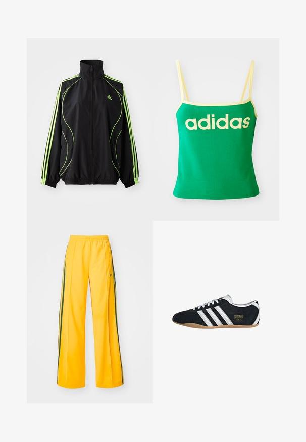 adidas Originals TEAMGEIST ADICOLOR - Übergangsjacke - black/signal green; Grünes Tanktop mit gelben Akzenten, aus dehnbarem Material. Lieferumfang: großes gelbes "adidas"-Logo auf der Vorderseite und dünne Träger.; Gelbe Sporthosen mit weitem Bein, ausgestattet mit grünen Seitenstreifen und einem kleinen Logo auf der linken Hüfte. Elastischer Bund für mehr Komfort.; Schwarze Wildledersneaker mit drei weißen Streifen, goldenem Logo und brauner Gummisohle. Merkmale ein niedrigprofiliertes Schnürdesign.