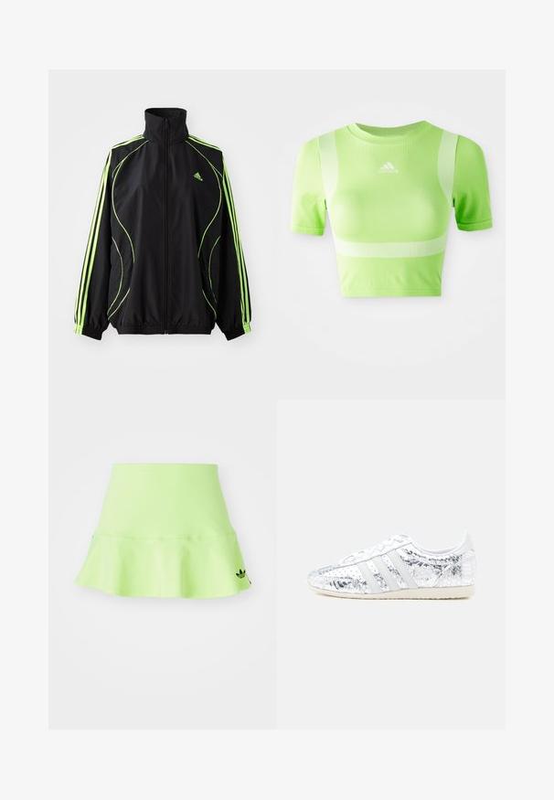 adidas Originals TEAMGEIST ADICOLOR - Ľahká bunda - black/signal green; Zkrátené atletické tričko v jasne zelenej farbe. Má krátke rukávy, okrúhly výstrih a biely diagonálny pruhový vzor na pleciach. Logo adidas na prednej strane.; adidas Originals SKIRT - Minisukňa - signal green; Biely teniska s kovovými striebornými šupinami, vybavená tromi bielymi pruhmi a textúrovanými detailmi. Gumená podrážka, nízky profilový dizajn.