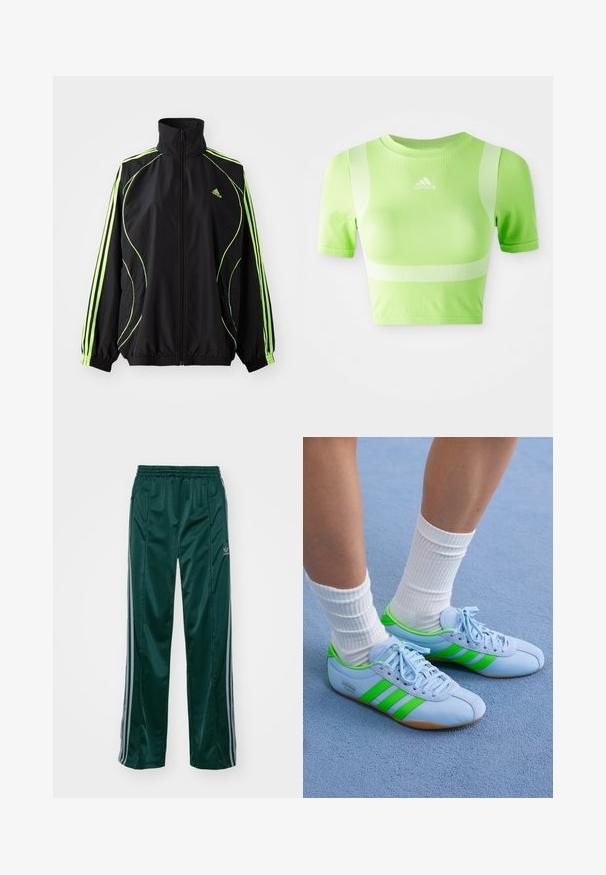adidas Originals TEAMGEIST ADICOLOR - Overgangsjakke - black/signal green; Kappet atletisk skjorte i lys grøn stof. Har korte ærmer, rund hals og hvidt diagonalt stribemønster på skuldrene. adidas-logo på fronten.; Mørkegrønne træningsbukser lavet af skinnende materiale, med sidelister i lys grå og et broderet logo på venstre ben.; Lyseblå sportsko med grønne accenter og tre striber. Har en glat tekstur og gummisål. Bæret sammen med hvide ribbede sokker.