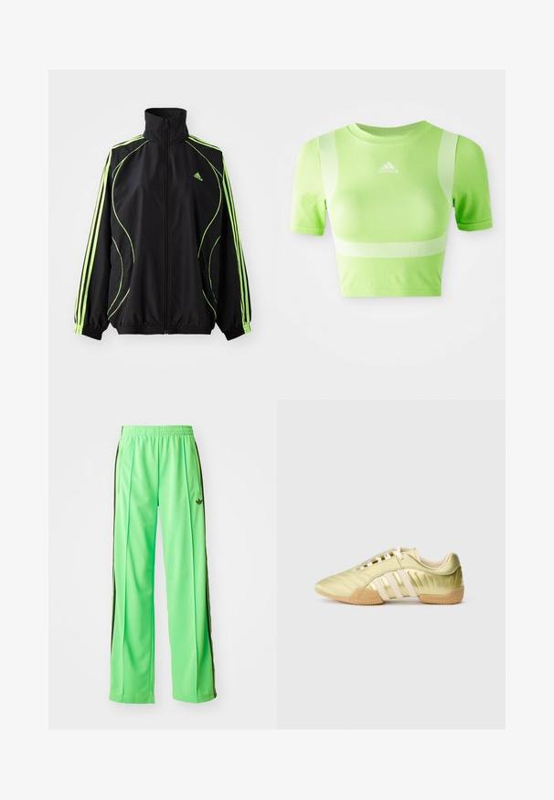 adidas Originals TEAMGEIST ADICOLOR - Overgangsjakke - black/signal green; Kappet atletisk skjorte i lys grøn stof. Har korte ærmer, rund hals og hvidt diagonalt stribemønster på skuldrene. adidas-logo på fronten.; Grønne atletiske bukser lavet af glat, let materiale, med sorte sidestriber og et broderet logo på fronten.; Limegrøn syntetisk sportssko med en glat tekstur, der har tre hvide striber, en blød indvendig foring og en tekstureret gummiydersål.