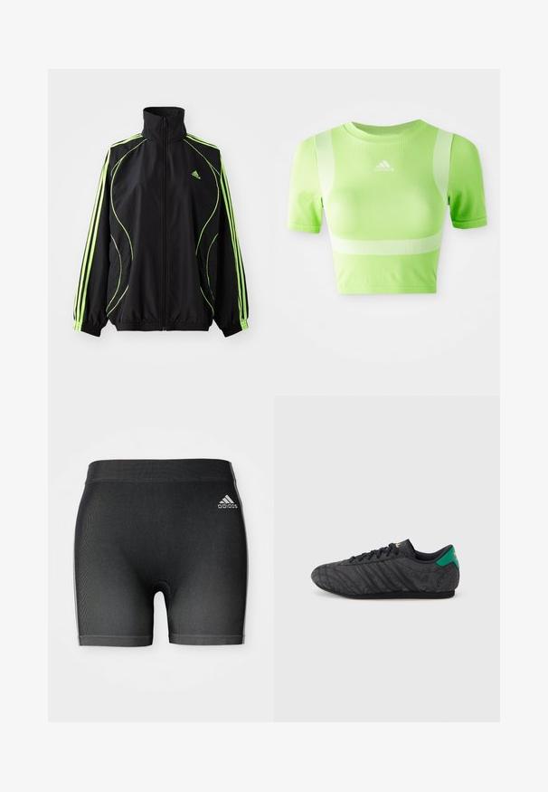 adidas Originals TEAMGEIST ADICOLOR - Jas - black/signal green; Geknipt sportshirt van helder groene stof. Heeft korte mouwen, een ronde hals en een wit diagonale streepdesign op de schouders. adidas-logo aan de voorkant.; Zwarte sportieve shorts van een textuurstof, met een elastische tailleband en een klein wit Adidas-logo aan de bovenlinke kant.; Zwarte sneakers met een laag profiel, een subtiel bloemenpatroon, zwarte veters, een groene hielband en een gouden logo op de tong en hiel.