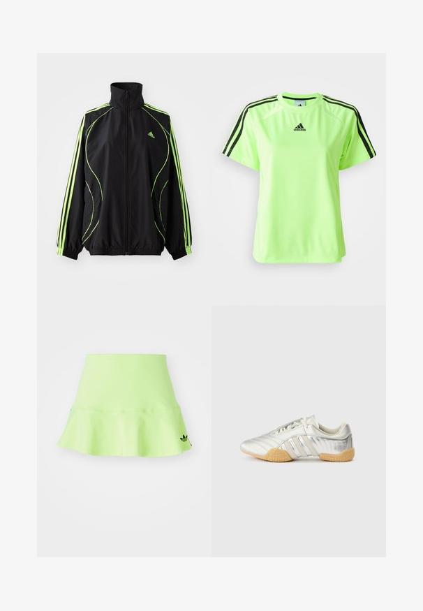 adidas Originals TEAMGEIST ADICOLOR - Jas - black/signal green; Neon groene sport t-shirt van vochtregulerende stof. Kenmerkt een zwart driekleurig ontwerp op de schouders en een logo in het midden van de borst.; adidas Originals SKIRT - Minirok - signal green; Zilveren sportschoen met een glad leren bovenwerk, rubberen zool en gestructureerde accenten. Heeft een gebogen ontwerp en tonale veters.