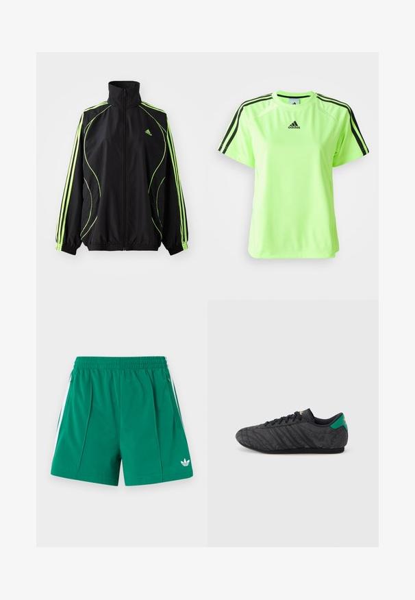 adidas Originals TEAMGEIST ADICOLOR - Jas - black/signal green; Neon groene sport t-shirt van vochtregulerende stof. Kenmerkt een zwart driekleurig ontwerp op de schouders en een logo in het midden van de borst.; Groene sportkorte broek met elastische tailleband, witte zijkstrepen, zakken met rits en een klein wit Adidas-logo op het onderste deel van het rechterbeen.; Zwarte sneakers met een laag profiel, een subtiel bloemenpatroon, zwarte veters, een groene hielband en een gouden logo op de tong en hiel.
