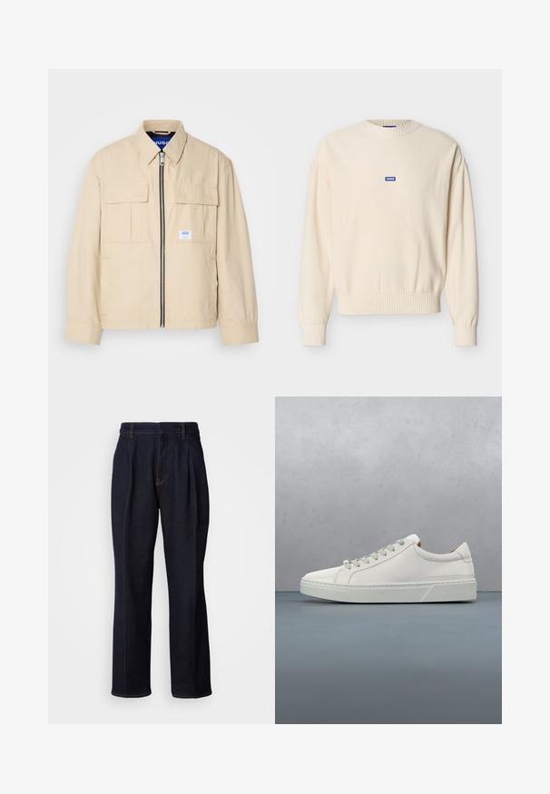 Beige jakke med lynlås foran, to brystlommer og en lille brandingetiket. Fremstillet af et glat, let materiale.; Langærmet sweater i cremefarve med ribbet kant ved ærmer og bund, rund halsudskæring samt lille blå "HUGO" logo-patch placeret centralt på brystet.; Mørkeblå vidde denim jeans med frontfældninger og orange syninger, vist på hvid baggrund.; Hvid lædersneaker med rund tå, minimalistisk design, grå snørebånd og en tekstureret grå gummisål. Subtile syningsdetaljer er synlige.