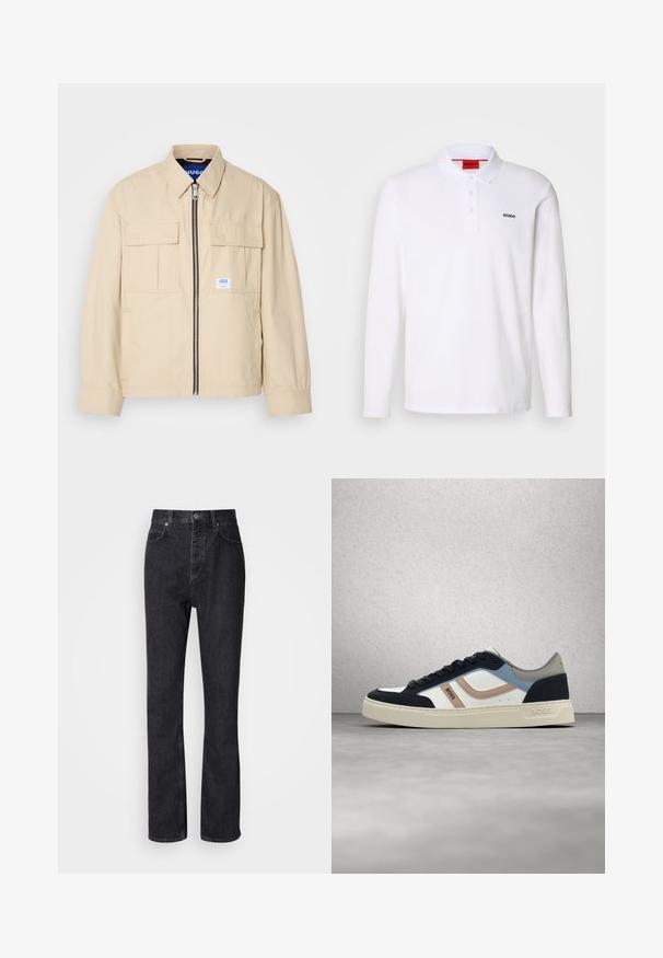 Veste beige avec fermeture éclair à l'avant, deux poches poitrine et une petite étiquette de marque. Fabriquée en tissu lisse et léger.; Polo-shirt blanc à manches longues en coton avec un col, une patte de boutonnage à trois boutons et un logo noir "HUGO" sur la poitrine gauche.; Jean en denim noir taille haute avec fermeture à bouton et à glissière, poches avant et arrière, et coupe droite.; Baskets BOSS blanches, bleu marine, bleu et beige avec des lacets noirs, flottant au-dessus d'un sol en béton poli près d'un mur en parpaings de verre.