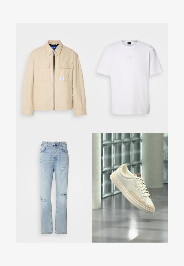Beige jakke med lynlås foran, to brystlommer og en lille brandingetiket. Fremstillet af et glat, let materiale.; Hvid bomulds T-shirt med korte ærmer, rund halsudskæring og præget "BOSS" logo på brystet. Glat tekstur, standard pasform.; Lysvaskede denimjeans med en afslappet pasform, der har slidte områder og frynsede kanter. Stoffet har en blød, glat tekstur.; Hvid lavtop sneaksko med beige accenter og snørebånd, mærket "BOSS", svæver over en poleret gulv med en glasblokvæg i baggrunden.