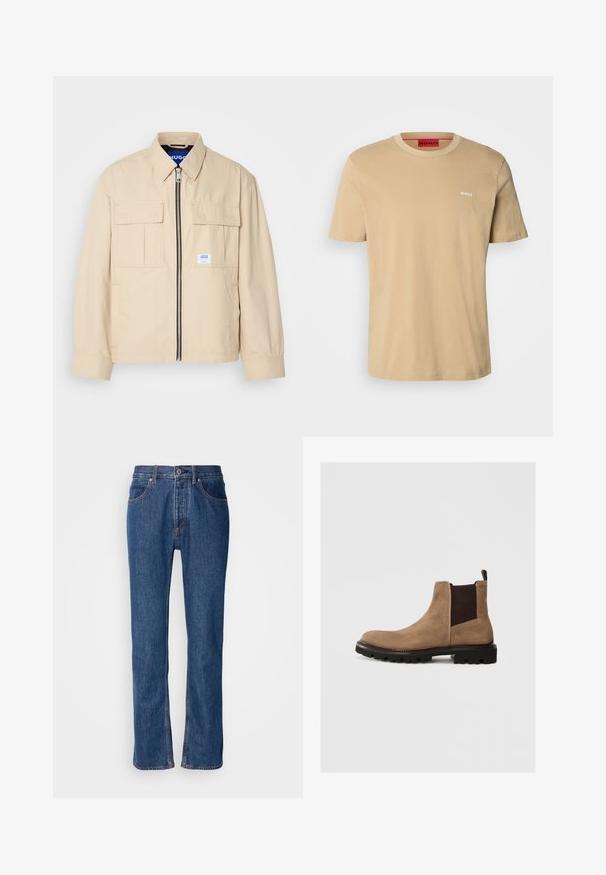 Vaaleanbeige takki, jossa on etuvetoketju, kaksi rintataskua ja pieni brändilogo. Valmistettu sileästä, kevyestä kankaasta.; Beige t-paita, jossa on pyöreä kaula-aukko, lyhyet hihat ja pieni valkoinen "HUGO" -logo rinnassa. Tasainen rakenne ilman kuvioita.; Siniset farkut suoralla leikkauksella, viiden taskun muotoilu ja vaalea ommel. Varustettu vetoketjulennolla ja etunapilla.; Ruskeat mokkasaappaat Chelsea-tyyliin, joissa on joustavat sivupaneelit, pyöreä kärki ja kestävä musta pohja. Takana vetoketju, joka helpottaa pukemista.