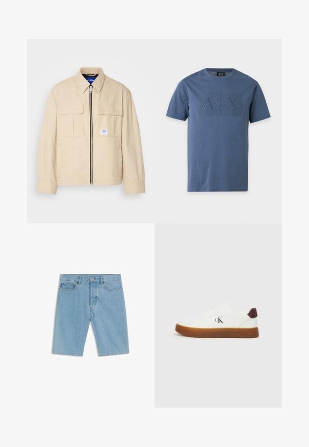 Beige jas met een voorkleurige rits, twee borstzakken en een klein merkembleem. Gemaakt van een gladde, lichtgewicht stof.; Blauw T-shirt met korte mouwen met een gestructureerd geometrisch patroon en verhoogde letters "A" en "X" op de borst, ronde hals.; Lichtblauwe denim short met knopen en ritssluiting aan de voorkant, riemlussen, voorzakken en een klein blauw stoffen label aan de rechterzak.; Witte sneakers met een rubberen gum zool, platte veters en een bruine suède hakaccent. Voorzien van een subtiele geperforeerde "cK" logo aan de zijkant.