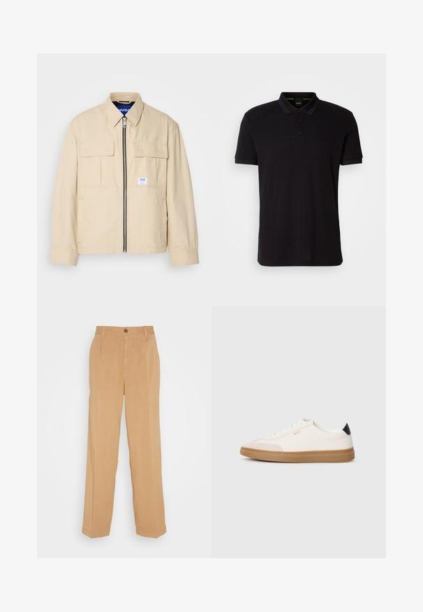 Beige jas met een voorkleurige rits, twee borstzakken en een klein merkembleem. Gemaakt van een gladde, lichtgewicht stof.; Zwarte polo shirt van zachte stof, met een klassieke kraag, een knoopsluiting met drie knopen en een geborduurd logo op de borst.; Beige wijde broek van zacht materiaal, voorzien van twee voorzakken, een knoopsluiting en plooidetails langs de benen.; Witte sneakers met beige accenten, bovenwerk van glad leer, ronde neus en rubberen gumzool, met een zwarte hieltab en subtiele branding.