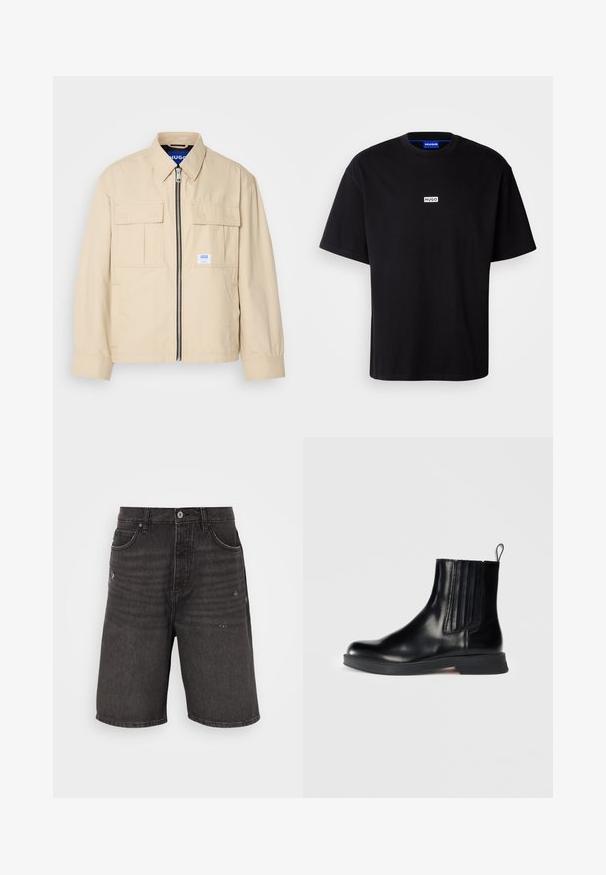 Beige jakke med lynlås foran, to brystlommer og en lille brandingetiket. Fremstillet af et glat, let materiale.; Sort bomulds t-shirt med rund hals, korte ærmer og et hvidt rektangulært "HUGO" logo på brystet. Glat overflade, afslappet pasform.; Sorte denim shorts med afslappet pasform, der har frontlommer, en slidt tekstur og et klassisk taljebånd med en enkelt knaplukning.; Sorte læder ankelstøvler med elastiske sidepaneler, rund tå, lav blokhæl og pull-tab. Har en glat overflade og et elegant design.