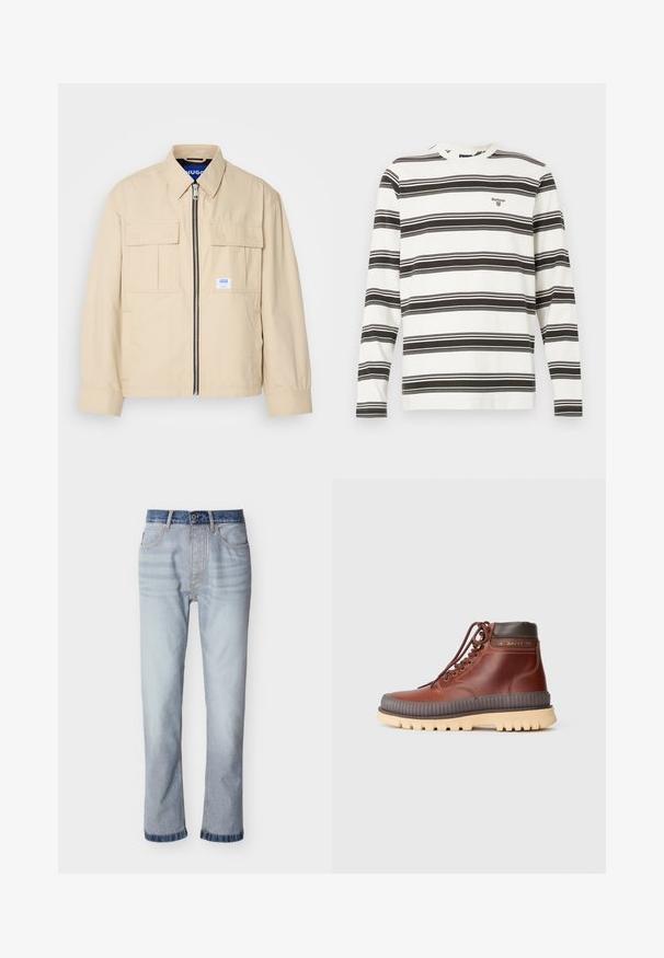 Beige jas met een voorkleurige rits, twee borstzakken en een klein merkembleem. Gemaakt van een gladde, lichtgewicht stof.; Witte langekleurige shirt met zwarte horizontale strepen en klein Barbour-logo op de borst, ronde halslijn, losse pasvorm.; Lichtblauwe spijkerbroek met een donkerblauwe tailleband, rechte pijp, vijf zakken en zichtbare stiksel details.; Bruine leren hoge laarzen met metalen oogjes, bruine accenten, een chunky rubberen zool en een geribbelde middenzool voor grip.