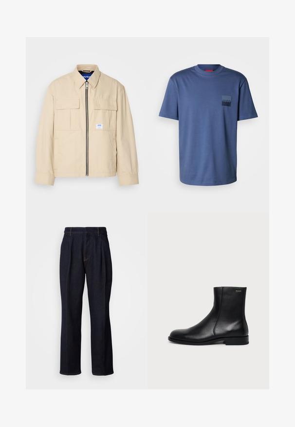 Beige jas met een voorkleurige rits, twee borstzakken en een klein merkembleem. Gemaakt van een gladde, lichtgewicht stof.; Blauw T-shirt met korte mouwen, gemaakt van zachte katoen, met een vierkante zak en een donkerblauw logo. Klassiek ontwerp met ronde hals.; Donkerblauwe denim jeans met wijde pijpen, inclusief voorplooien en oranje stiksels, weergegeven op een witte achtergrond.; Zwarte leren enkellaars met lage hak, zijstiksels en klein "HUGO" logo op de bovenste boord tegen een effen achtergrond.