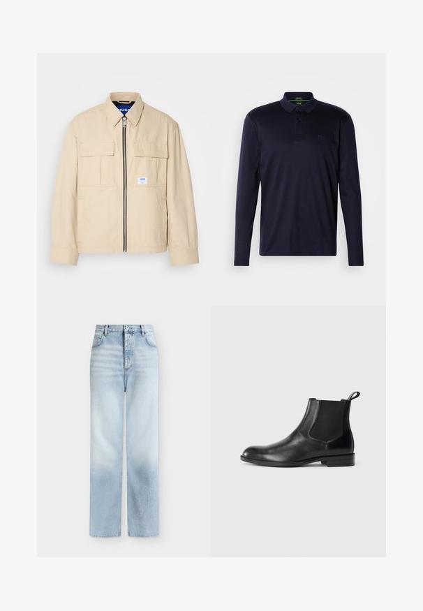 Veste beige avec fermeture éclair à l'avant, deux poches poitrine et une petite étiquette de marque. Fabriquée en tissu lisse et léger.; Polo à manches longues bleu marine en coton doux, avec une patte de boutonnage à trois boutons et un logo brodé sur la poitrine. Texture lisse.; Jeans bleu clair taille haute à jambes droites, avec poches avant, passants de ceinture et fermeture par bouton.; Bottine en cuir noir avec des panneaux latéraux élastiques, bout rond et tirette. Texture lisse, semelle plate, design minimaliste.