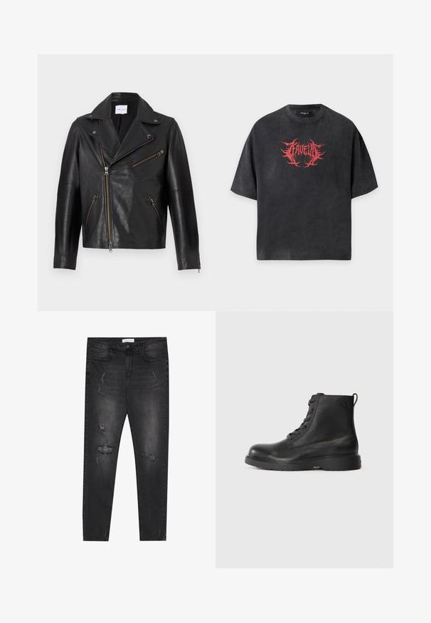 Veste de moto en cuir noir avec un col cranté, fermeture éclair asymétrique à l'avant et plusieurs poches zippées. Surface texturée et coupe ajustée.; T-shirt noir oversize à manches courtes avec un motif texte rouge épineux centré sur la poitrine indiquant "FAVELA".; Jeans skinny en denim noir avec des patches déchirés, design à cinq poches et fermeture à un bouton. Tissu texturé avec un léger stretch.; Bottine noire en cuir texturé avec un bout rond, un design à lacets, et une solide semelle en caoutchouc noir. Elle est dotée d'une boucle au talon.