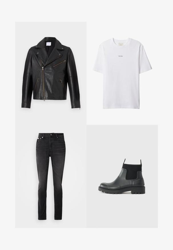 Veste de moto en cuir noir avec un col cranté, fermeture éclair asymétrique à l'avant et plusieurs poches zippées. Surface texturée et coupe ajustée.; T-shirt blanc en coton avec un col rond et des manches courtes. Présente un petit logo noir "Calvin Klein" centré sur la poitrine.; Jean en denim noir avec une coupe ajustée, design à cinq poches et fermeture par bouton. Présente un dégradé subtil et des accents de couture sur les poches.; Bottines noires en caoutchouc avec une finition mate, présentant un design épuré, des panneaux élastiques et une semelle épaisse pour une meilleure traction.