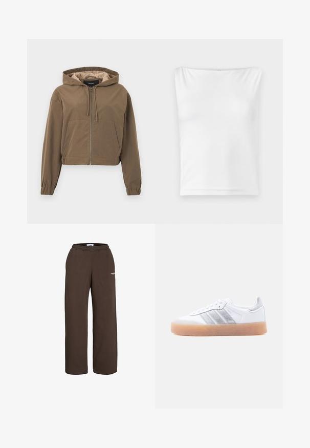 Pruun lühike kapuutsiga pusakas, millel on eesne lukk, rakmed kapuutsis, elastsed mansetid ja känguru taskud. Silmadega kangas, millel on matt viimistlus.; Valge ilma käisteta topp, millel on sirge kaelus, valgest siledast kangast, millel on istuv siluett ja puuduvad nähtavad detailid või mustrid.; Pruunid laia säärega dressipüksid elastse vöökohaga ja väike valge tekstilogoga ülemisel reiel valge tausta ees.; Valge madala lõikega toss, kummist tallaga, hõbedaste triipudega külgedel ja paeltega kinnitatav, esitatud tavalise hele tausta ees.