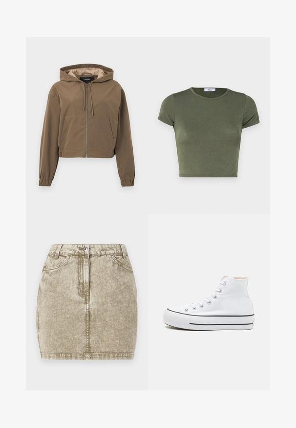 Καφέ cropped hoodie με μπροστινό φερμουάρ, κουκούλα με κορδόνι, ελαστικές μανσέτες και τσέπη καγκουρό. Λείο ύφασμα με ματ φινίρισμα.; Κοντομάνικο crop top σε ελιά πράσινο χρώμα με στρογγυλή λαιμόκοψη, φτιαγμένο από υφασμάτινη υφή, διαθέτοντας εφαρμοστή γραμμή και ελάχιστες ραφές.; Χακί τζιν φούστα με υφασμάτινη υφή, πέντε τσέπες, μπροστινό κούμπωμα με κουμπί και ραφές κατά μήκος των άκρων.; Λευκά ψηλά αθλητικά παπούτσια από καμβά, με μαύρη καουτσούκ σόλα και αντίθετη μαύρη ρίγα στη μεσόσολα. Κυκλική μύτη και σχέδιο με κορδόνια.