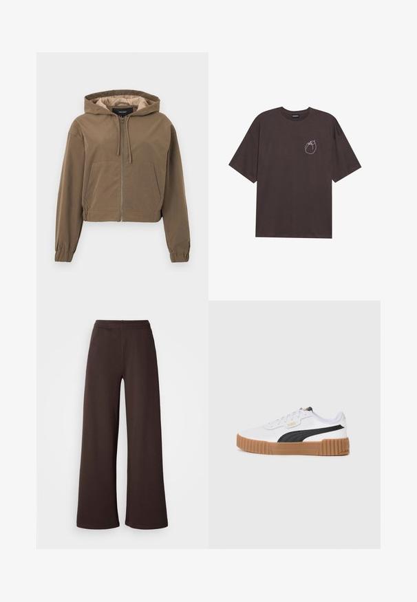 Brun cropped hoodie med lynlås foran, snørrelseshætte, elastiske manchetter og en kængurulomme. Glat stof med mat finish.; Mørkebrun bomulds t-shirt, kortærmet, rund hals, med en enkel hvid stregtegning af en taske på venstre brystområde.; Viddebukser i mørkebrun, lavet af blødt stof med elastisk talje og en ren kantfinish, ideelle til komfort og afslappet brug.; Hvid sneaker med en sort side-stribe, struktureret læder-overdel, rund tå og en gummisål med lodrette ribber.