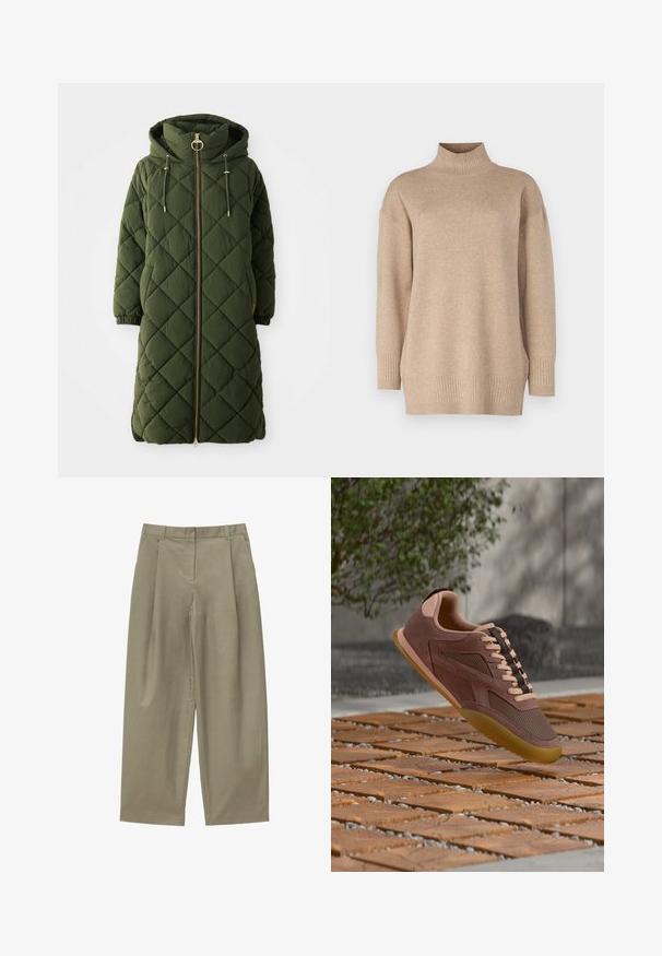Langer, olivgrüner, gesteppten Mantel mit Kapuze, Frontreißverschluss, goldenen Hardware-Akzenten, Kordelzügen und elastischen Bündchen. Struktur im Diamantmuster.; Beiger Rollkragenpullover mit lockerem Schnitt, gerippter Saum und Bündchen, weicher Textur und leicht abgesenkten Schultern. Hergestellt aus leichtem Material.; Khakifarbene Weitbein-Hosen mit Gürtelschlaufen, Fronttaschen und einem verdeckten Reißverschluss sowie Knopfverschluss vorne.; Brauner Wildleder- und Mesh-Sneaker mit beigen Schnürsenkeln, der über einem Holzblock und einer Kiesoberfläche im Freien schwebt.