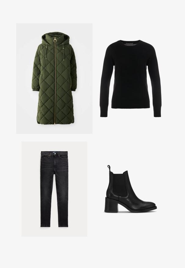 Lang, olijfgroene gewatteerde jas met een capuchon, front-rits, gouden hardware accenten, trekkoorden en elastische manchetten. Diamantpatroon textuur.; pure cashmere CLASSIC CREW NECK - Trui - black; Zwarte slim-fit jeans met vijf zakken, knoopsluiting en Polo merklabel op de tailleband, plat op een witte achtergrond gelegd.; Zwarte leren enkellaarsjes met een afgeronde neus, elastische zijkanten en een blokhak. Voorzien van een achterste trekkoord voor gemakkelijk aan- en uittrekken.