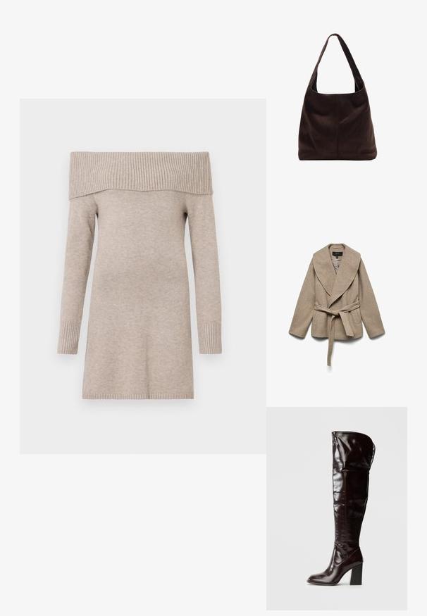 Beige indpakningsjakke lavet af blødt stof, med en stor krave, sidelommer og et matchende bælte omkring taljen. Teksturfinish.; Beige off-shoulder sweater, strikket tekstur, lange ærmer, ribbet halsudskæring og manchetter, midt-lår længde, glat stoffsammensætning.; Knæhøje, blanke bordeauxrøde læderstøvler med firkantet tå og blokhæl, der har et løstsiddende design og minimale syningsdetaljer.; Brun ruskind skuldertaske med et bredt, fladt håndtag. Blød, ustruktureret design med en central søm. Ingen synlig hardware eller udsmykninger.
