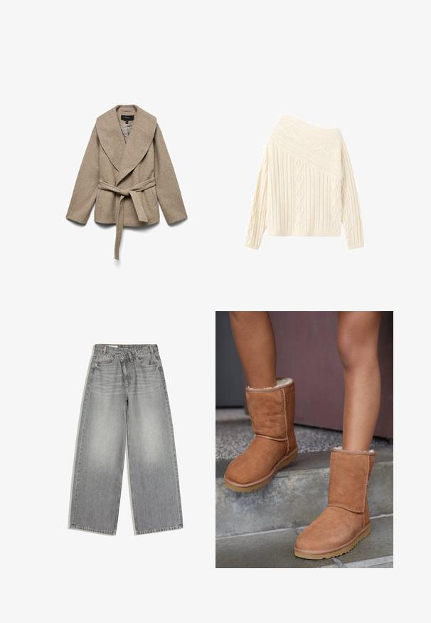 Beige indpakningsjakke lavet af blødt stof, med en stor krave, sidelommer og et matchende bælte omkring taljen. Teksturfinish.; Cremefarvet strikket sweater med off-shoulder-design, der har teksturerede diamant- og ribmønstre, lange ærmer og en tætsiddende kant.; Grå vidde bukser i denim med knap- og lynlåslukning, forlommer og bæltestropper, lagt fladt på en hvid baggrund.; Brune ruskind ankelstøvler med rund tå, blødt foer og gummisål, der har synlige stikninger langs sømmene.