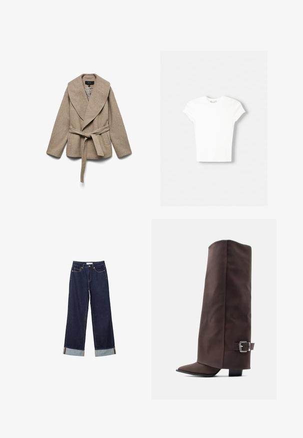 Beige indpakningsjakke lavet af blødt stof, med en stor krave, sidelommer og et matchende bælte omkring taljen. Teksturfinish.; Hvid kortærmet t-shirt lavet af blød bomuld, med rund halsudskæring og en tætsiddende form. Ingen synlige mønstre eller udsmykninger.; Mørkeblå jeans med vide ben og op rullede manchetter, forlommer og synlige sømme, lagt fladt på en hvid baggrund.; Brune knæhøje støvler lavet af glat materiale med spids tå, lav hæl og metal spænde på siden.