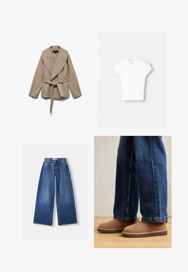 Beige indpakningsjakke lavet af blødt stof, med en stor krave, sidelommer og et matchende bælte omkring taljen. Teksturfinish.; Hvid kortærmet t-shirt lavet af blød bomuld, med rund halsudskæring og en tætsiddende form. Ingen synlige mønstre eller udsmykninger.; Bredbenet blå denimjeans med forlommer, bæltestropper og knaplukning, lagt fladt på en lys baggrund.; Brune ruskinds ankelstøvler med flad sål, rund tå og en lille træktab, parret med blå denimjeans med lige skæring.
