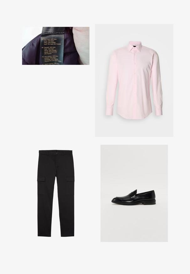 Étiquette sur un tissu violet, indiquant les matériaux : coque 100 % nylon, doublure 100 % nylon, rembourrage 100 % polyester, capuche 75 % coton, 25 % polyester.; Chemise rose clair à boutons, manches longues, col classique, en tissu coton lisse. Présente des boutons de couleur claire le long de la patte de boutonnage.; Pantalon cargo noir à jambes droites avec poches latérales à rabat, bouton devant, passants de ceinture et un design épuré et minimaliste.; Mocassin en cuir noir avec une pointe arrondie, des coutures discrètes et une finition lisse. Doté d'un talon bas empilé et d'une sangle sur le cou-de-pied.