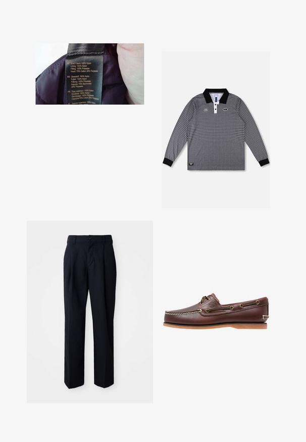 Étiquette sur un tissu violet, indiquant les matériaux : coque 100 % nylon, doublure 100 % nylon, rembourrage 100 % polyester, capuche 75 % coton, 25 % polyester.; Polo à manches longues à carreaux noirs et blancs avec col noir, patte de boutonnage blanche et deux petites patchs brodés sur la poitrine.; Pantalons noirs à coupe droite, en tissu lisse. Éléments incluent un bouton à la taille, des passants de ceinture et des plis sur le devant pour plus de structure.; Chaussure bateau en cuir marron avec coutures blanches, détails de lacets et semelle en caoutchouc beige, vue de côté sur fond blanc.
