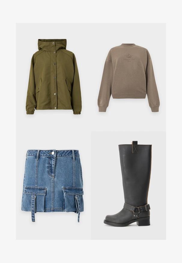 Veste imperméable vert olive avec une capuche, des boutons-pression, des poches latérales, des poignets élastiques et une coupe droite. Texture lisse.; Sweat-shirt marron à manches longues avec poignets et ourlet côtelés, présentant un petit blason brodé et du texte centré sur la poitrine.; Jupe mini en denim bleu clair, dotée d'une taille haute, d'une fermeture à boutons sur le devant et de deux poches avant avec des bretelles réglables.; Bottes noires en cuir, montantes jusqu'au genou, avec une finition texturée, présentant une boucle sur le côté et un talon bas. Couture détaillée le long des coutures.