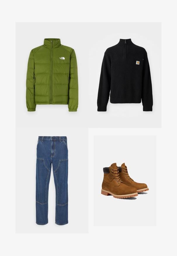 Chaqueta acolchada verde con cuello alto, cremallera completa, dos bolsillos laterales y puños elásticos. Presenta un diseño acolchado y un logo en el pecho.; Suéter negro de punto acanalado con cuello alto, media cremallera y un pequeño bolsillo en el pecho con un logotipo. Mangas largas y tejido texturizado.; Jeans de mezclilla azul con pierna recta, bolsillos frontales tipo parche y costuras en contraste. La tela tiene una textura y un acabado clásicos.; Botines de ante marrón con un cuello acolchado negro, ojales dorados y suela de goma gruesa con un patrón de tacos para mayor tracción.