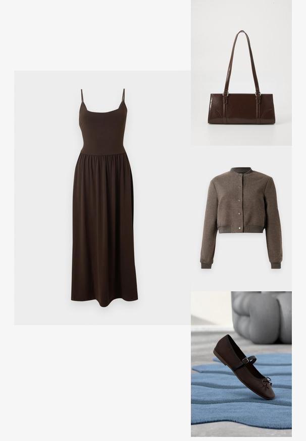 Brun cropped bomberjakke med knapsnaplukning foran, ribbet krave, manchetter og linning, vist på hvid baggrund.; Ærmeløs mørkebrun maxikjole med tynde skulderstropper, tætsiddende bodice og samlet nederdel, der går ned til anklerne.; Mørkebrun Mary Jane-flad sko med spænde og sløjfedetalje, der hviler på en bølget blå tekstureret tæppe med grå polstret sofa i baggrunden.; Brun lakeret håndtaske med rektangulær form, to lange håndtag og subtile buede detaljer på fronten.