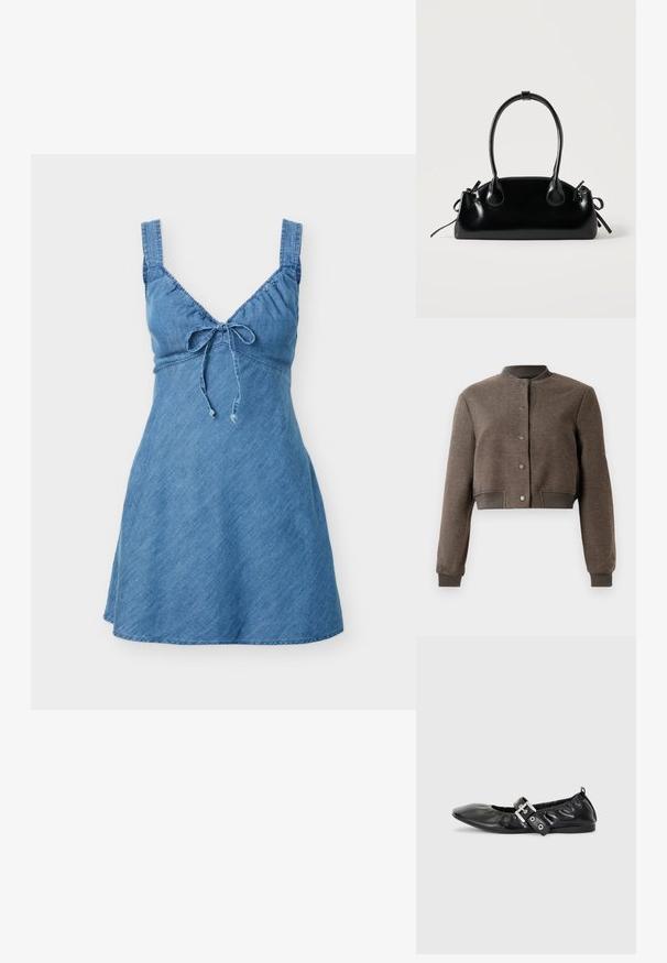 Brun cropped bomberjakke med knapsnaplukning foran, ribbet krave, manchetter og linning, vist på hvid baggrund.; Ærmeløs minikjole i denim med tykke stropper og en knude foran ved V-udskæringen, der flår let ud ved kanten.; Sorte læder flade sko med spids tå, samling detaljer omkring åbningen, og en sølv spænde accent på den justerbare rem.; Lille sort blank håndtaske med to lange håndtag og snøre-detaljer i siden på en ensfarvet lys baggrund.