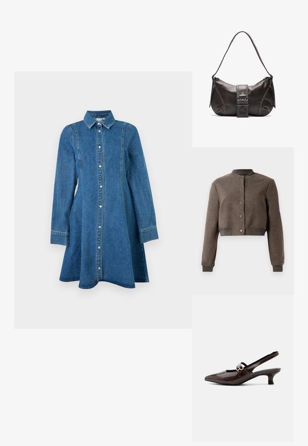 Veste bomber courte marron avec fermeture à boutons-pressions devant, col, poignets et ceinture côtelés, présentée sur fond blanc.; Robe en denim bleu à manches longues avec col, fermeture boutonnée sur le devant et détails de coutures, s'évasant légèrement à l'ourlet.; Marco Tozzi Escarpins - cinnamon; Sac à épaule en cuir marron avec une forme courbée, présentant un détail de boucle proéminent, des coutures contrastantes et une seule bandoulière.