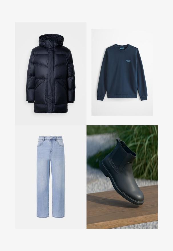Marineblå dunjakke med hætte, lynlåslukning foran og to store sidelommer. Stoflet har en glat, skinnende tekstur med diagonal syning.; Lyseblå crewneck-sweatshirt med lange ærmer og lille "Marc O'Polo Denim"-logo på venstre bryst.; Lyseblå denimjeans med et afslappet, bredbenet design. Funktioner inkluderer fem lommer, en frontknaplukning og diskret falmning.; Sort læder ankelstøvle med elastiske sidepaneler, strukturerede accenter og en gummisål; udstillingen inkluderer en træoverflade og grønne planter.