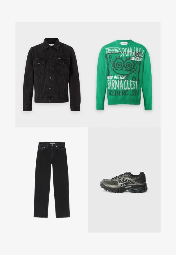 Chaqueta vaquera negra con botones delanteros, dos bolsillos de solapa en el pecho, cuello y logotipo de Wrangler en el bolsillo izquierdo del pecho.; Jersey de punto verde con un gráfico de Bob Esponja, patrones de texto y puños acanalados. Frases destacadas incluyen "¡Estoy listo!" y "¡Percebes!"; Jeans de mezclilla negros con un diseño de pierna recta, que presentan un cierre de botón y bolsillos frontales. Una textura sutil agrega profundidad a la tela.; Zapatilla de running Nike en negro y gris con parte superior de malla, suela acolchada, amortiguación de aire visible y cordones sobre un fondo blanco liso.