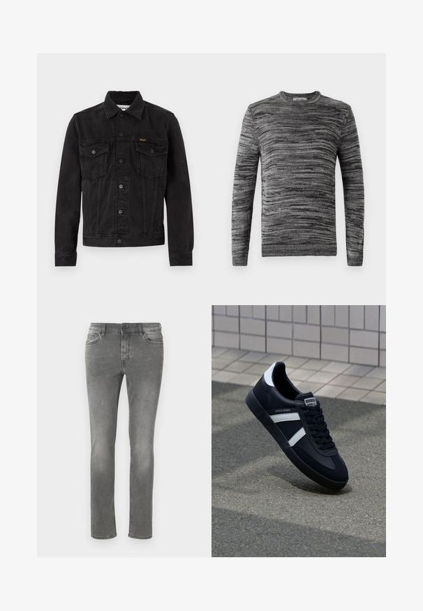 Schwarze Denimjacke mit Knopfleiste vorne, zwei Brustklappentaschen, Kragen und Wrangler-Logo auf der linken Brusttasche.; Grauer Pullover mit strukturiertem Strickmuster. Rundhalsausschnitt, lange Ärmel und gerippte Bündchen und Saum. Verschiedene Grautöne verleihen dem Design Tiefe.; Graue Jeans aus Denim mit geradem Bein, Fünf-Taschen-Style, subtilen Ausbleichungen und kontrastierenden Nähten entlang der Säume.; Schwarze Leder-Sneaker mit weißen Streifen, strukturiertem Gummisohle und Schnürung. Verfügt über ein Markenetikett auf der Zunge.