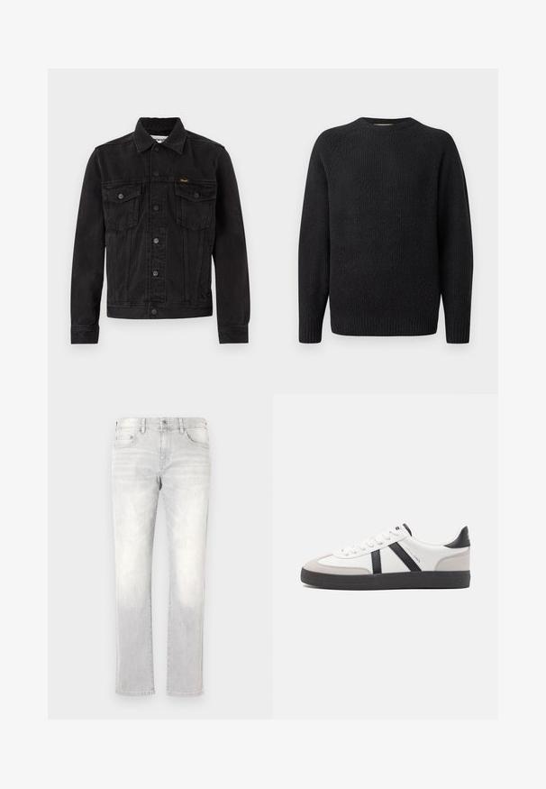 Schwarze Denimjacke mit Knopfleiste vorne, zwei Brustklappentaschen, Kragen und Wrangler-Logo auf der linken Brusttasche.; Schwarzer Strickpullover mit rundem Halsausschnitt, gerippter Struktur und langen Ärmeln. Einfaches Design ohne sichtbare Logos oder Verzierungen.; Helle graue Denim-Jeans mit geradem Schnitt, subtiler Ausbleichung, Fronttaschen und einer einzelnen Gesäßtasche. Klassischer Knopf- und Reißverschluss.; Weiße Sneaker mit schwarz- und grau-aczenten, ausgestattet mit einer strukturierten grauen Zehenkappe, schwarzer Gummi-Sohle und flachen weißen Schnürsenkeln. Sauberes Design, minimalistische Stil.